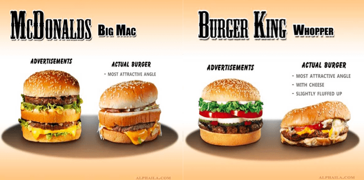 Advertising affects perception. Comparison of Big Mac advertised and actual. alongside similar comparisons with Whopper