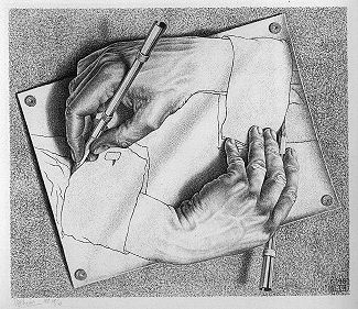 M.C. Escher's Drawing Hands, I'm reading to understand writing craft for future stories.