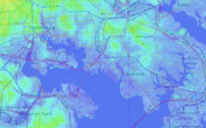 Figure 1. Baltimore harbor in 200 years includes all darker areas than light blue. 
