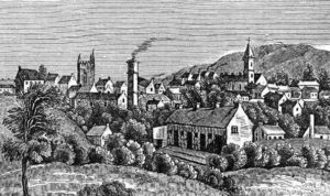 Ballymena. A drawing of the small town with a church steeple and a tower with smoke from a chimney