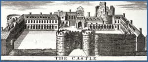 Dublin Castle in 1728. At that time a large fortress with an imposing gate with one wall incomplete