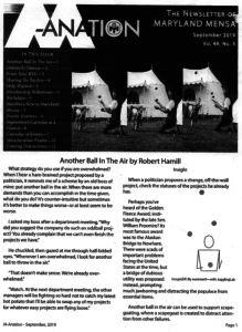 Cover of Sep 2019 Maryland Mensa M-Anation showing jugglers in front of tents for my story, "Another Ball in the Air"