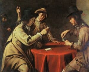 Three card players, gambling.