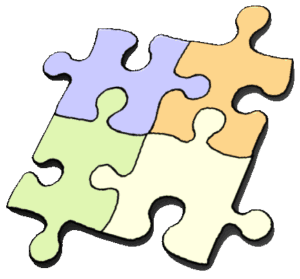 Four pieces of an interlocking jigsaw puzzle