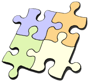 Four pieces of an interlocking jigsaw puzzle 