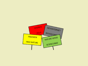 Protest placards. Nature Good, Science Bad.Freemen Free Nature. Science Kills. Never Forget, Never Forgive.