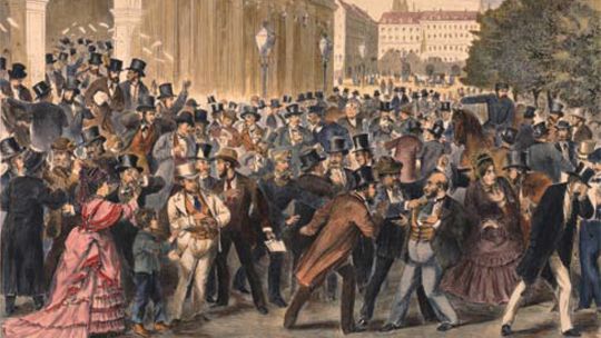 Painting of Black Friday, 9 May 1873, Vienna Stock Exchange. The Panic of 1873 and Long Depression followed.