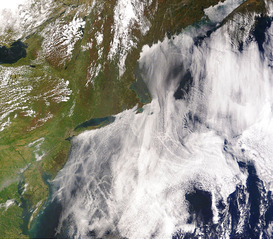 Space photograph of clouds in the Atlantic with the Mid-Atlantic coastline visible