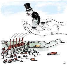 The Invisible Hand (from jeff-for-proggress.blogspot.com). Scrooge McDuck-looking character hoisted aloft on the Invvisble Hand, looking dpown at 5 identical factories with tall chimneys spewing smoke in their industrious pursiuts.