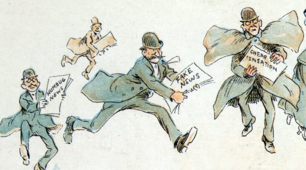 Reporters with various forms of "fake news" from an 1894 illustration by Frederick Burr Opper.