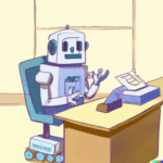 Robot sitting at an office desk.