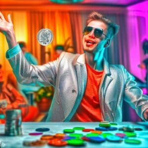 Young guy in a shiny jacket watches a silver dollar tossed in gambling room