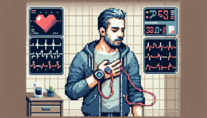Pixel Art image of a man with a pacemaker connected to EKG and monitors